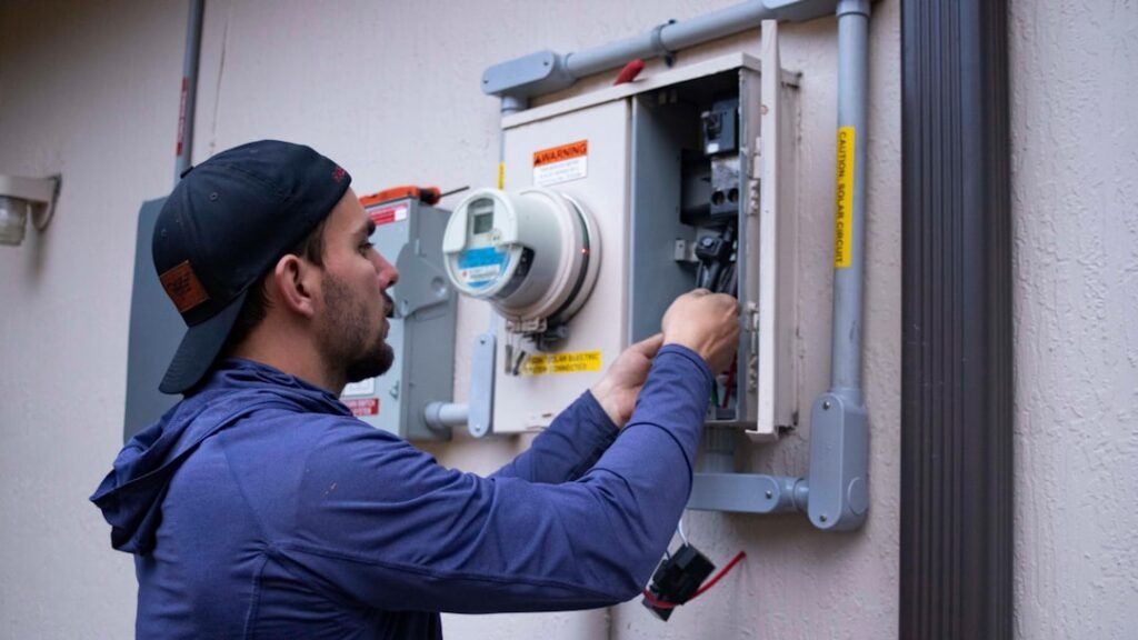 Technician servicing equipment on a job site